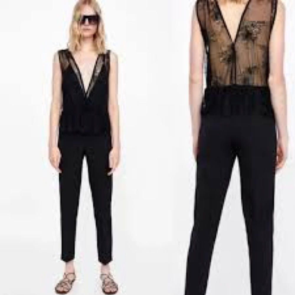 Zara Contrast Lace Jumpsuit sleeveless black size large elegant sexy sheer back